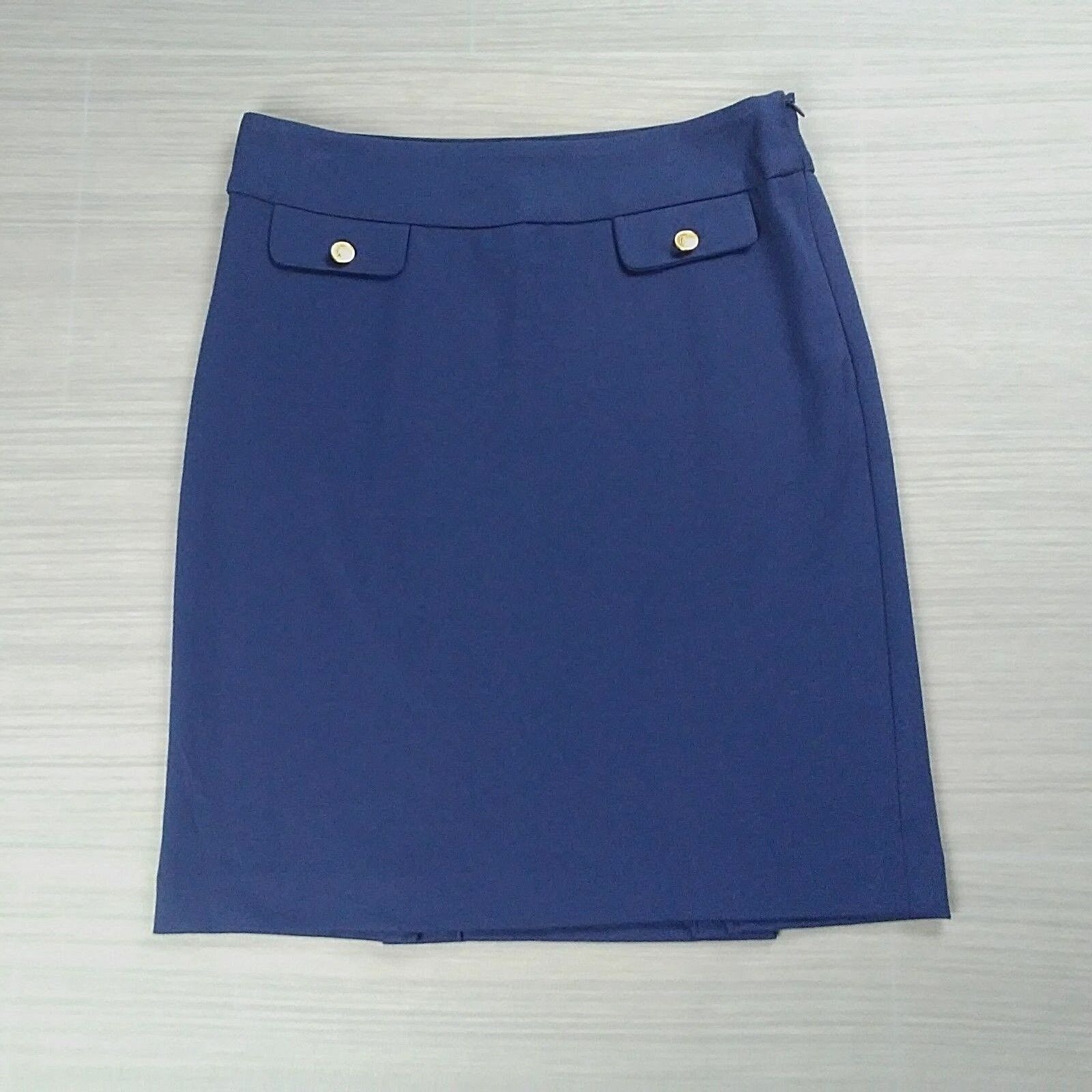 Kenar Womens Sz 4 Navy Blue Pencil Career Casual Skirt W/Gold Buttons Stretch
